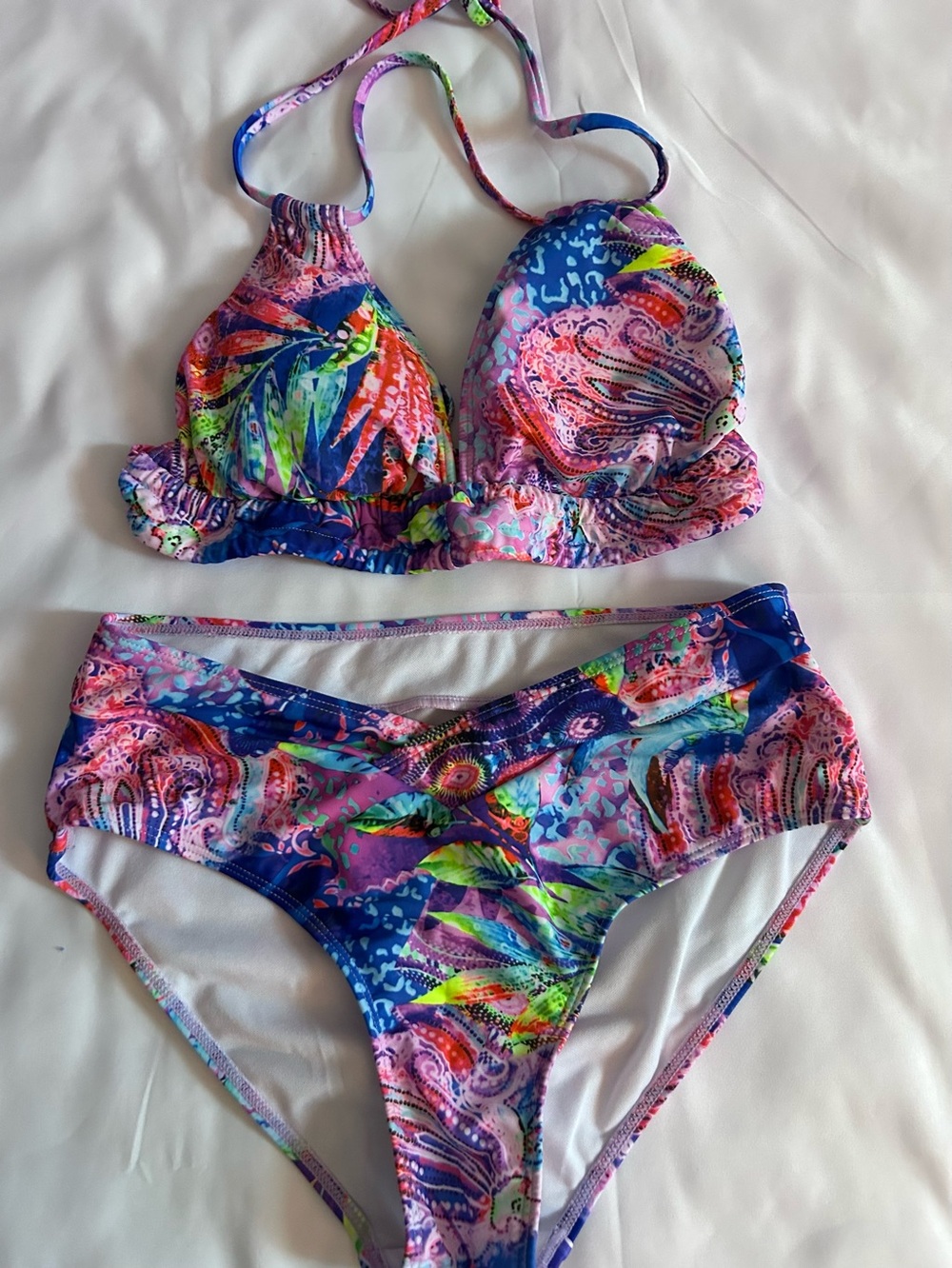 Tropical Paisley Bikini Set Multicolor Triangle Halter Size Small